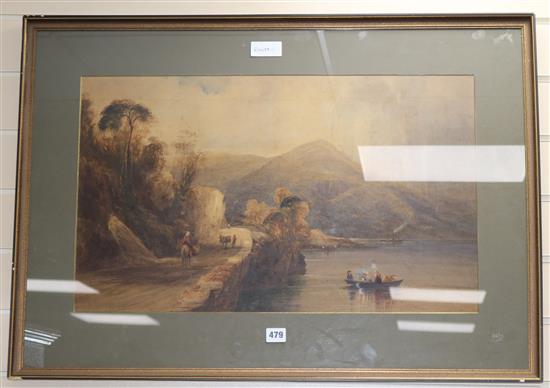 Anthony Vandyke Copley Fielding (1787-1855) Lake scene with paddlesteamer 15.5 x 25.5in.